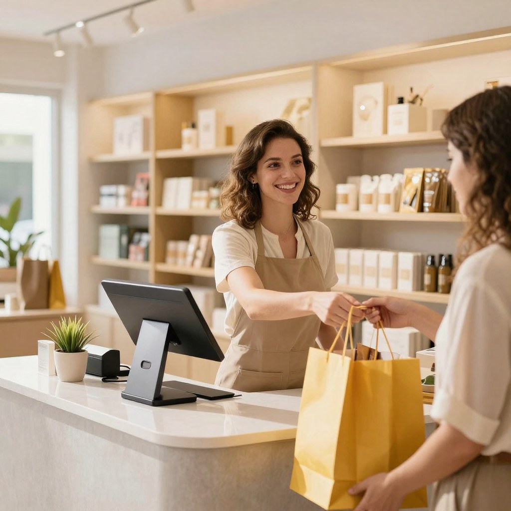 Lojista entregando compra no balcão de uma loja moderna